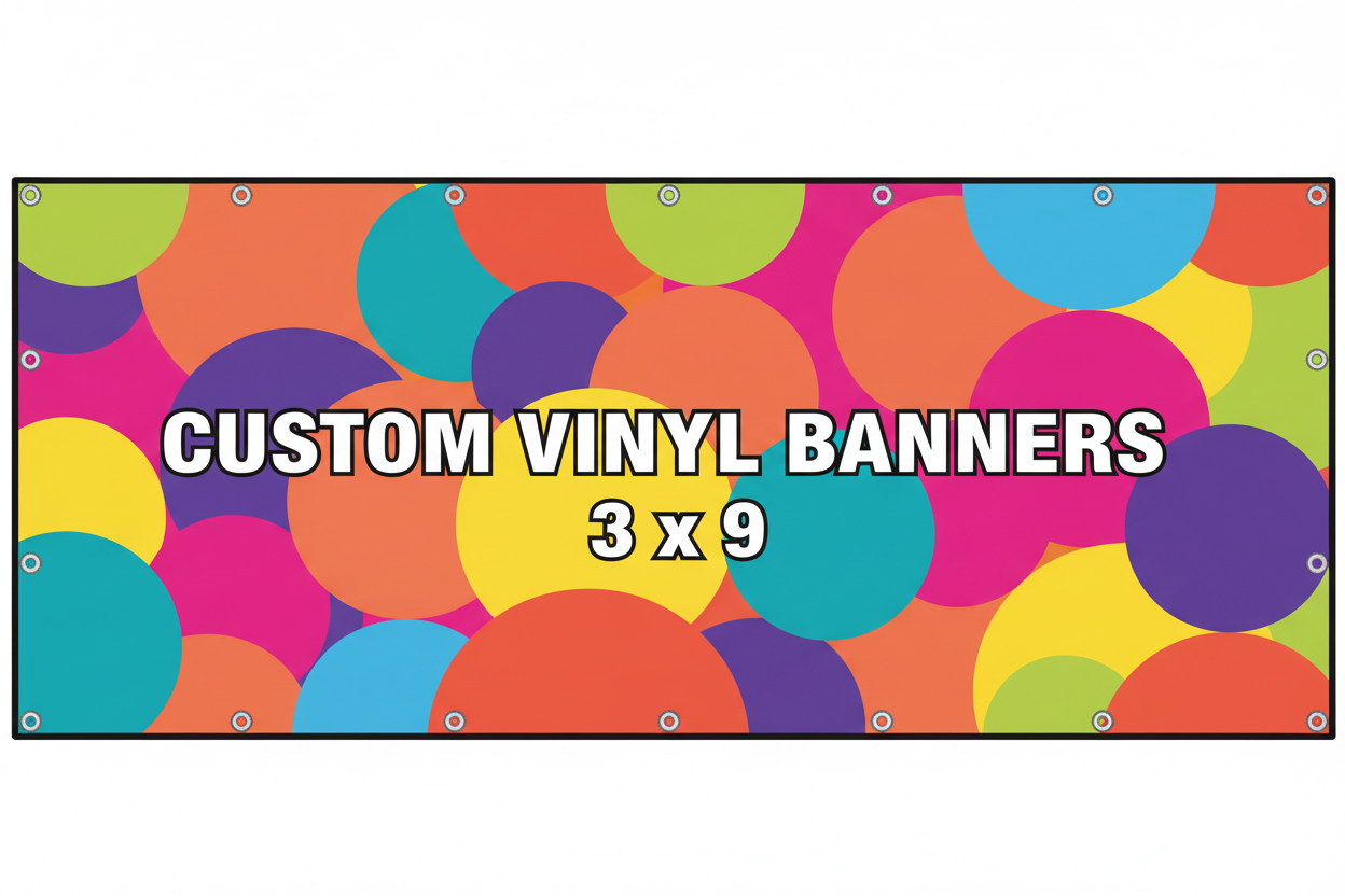 Sign Art Etc 3x9 vinyl banner with sunset-tone dot pattern design — signartetc.com