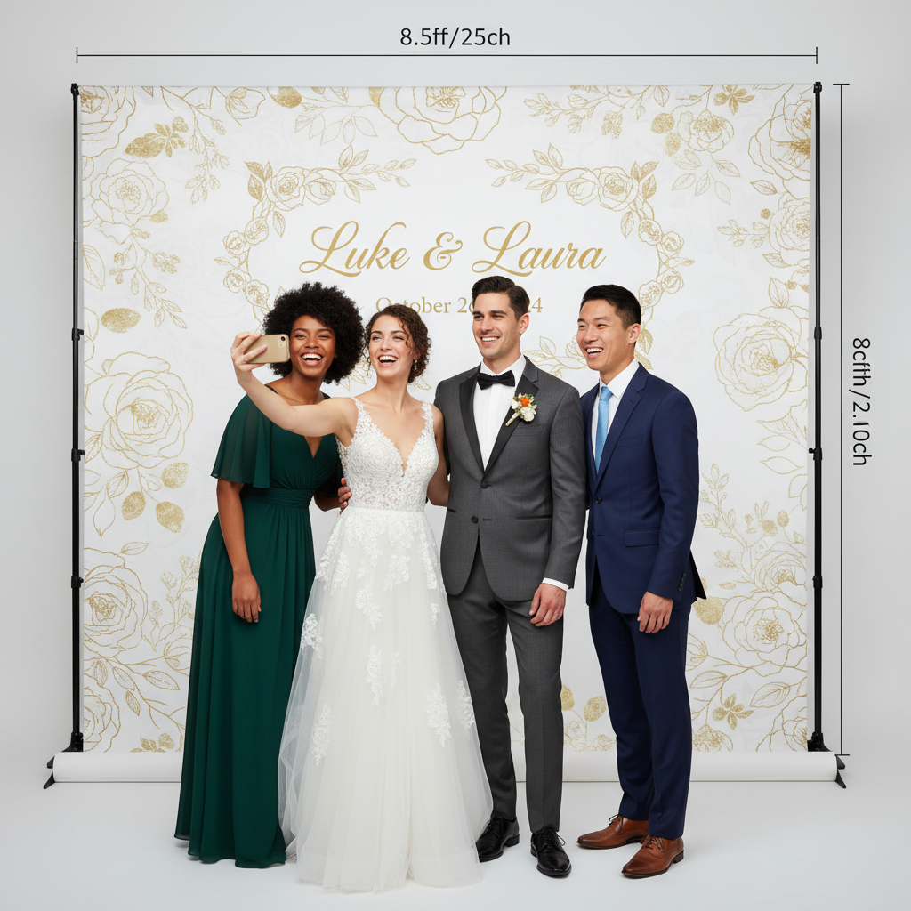 Sign Art Etc 8x8 vinyl step and repeat backdrop with custom wedding design — backdrop only — signartetc.com