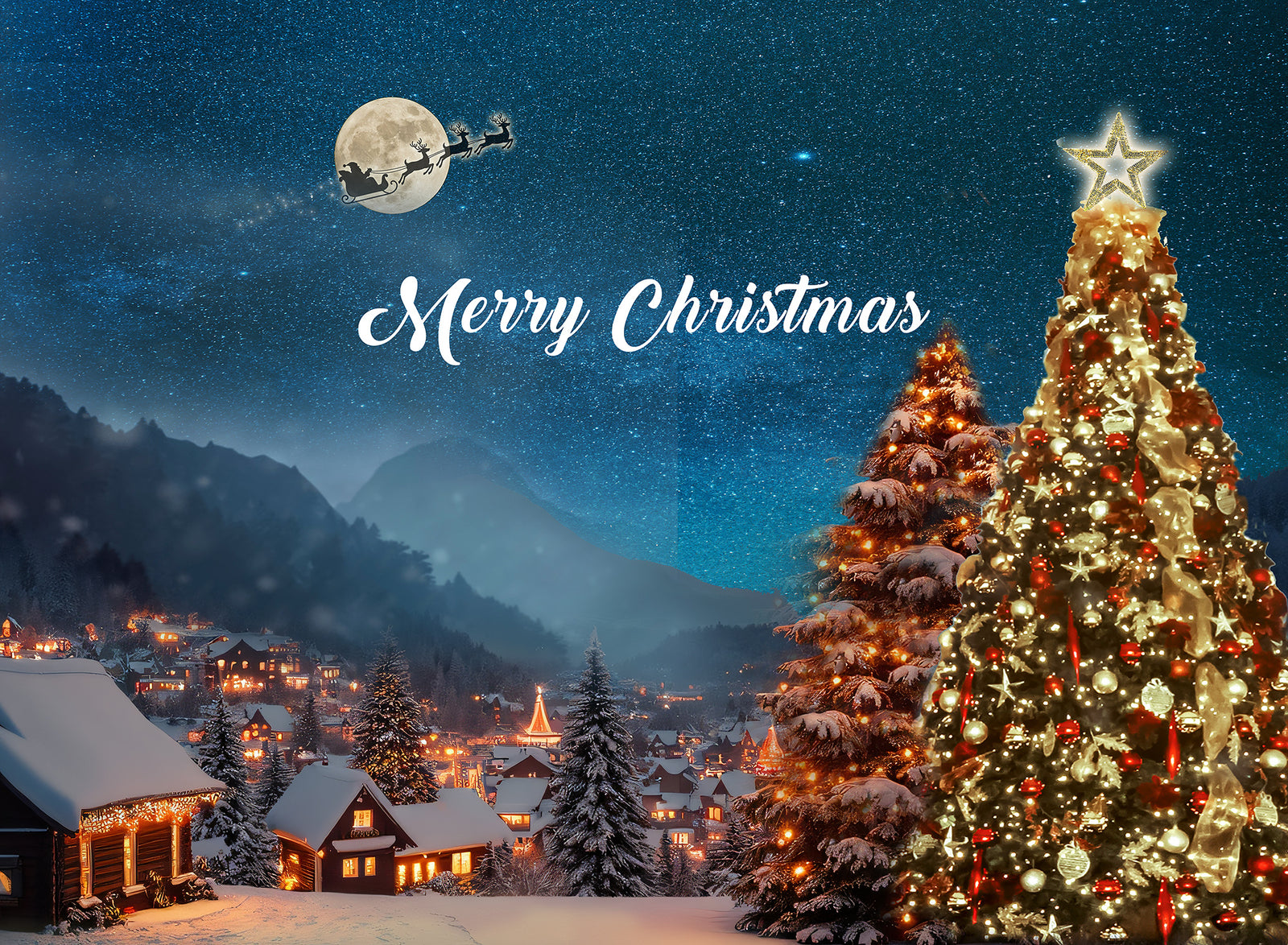 8x10 Santa's Sleigh Silhouette Christmas Night Backdrop - Holiday Step and Repeat Banner