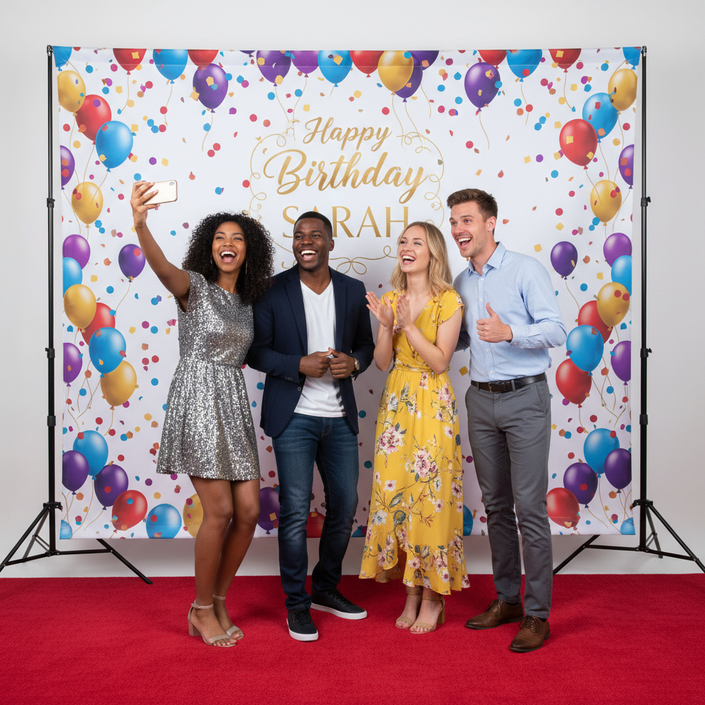 Sign Art Etc custom vinyl step and repeat backdrop in use at a birthday celebration — signartetc.com