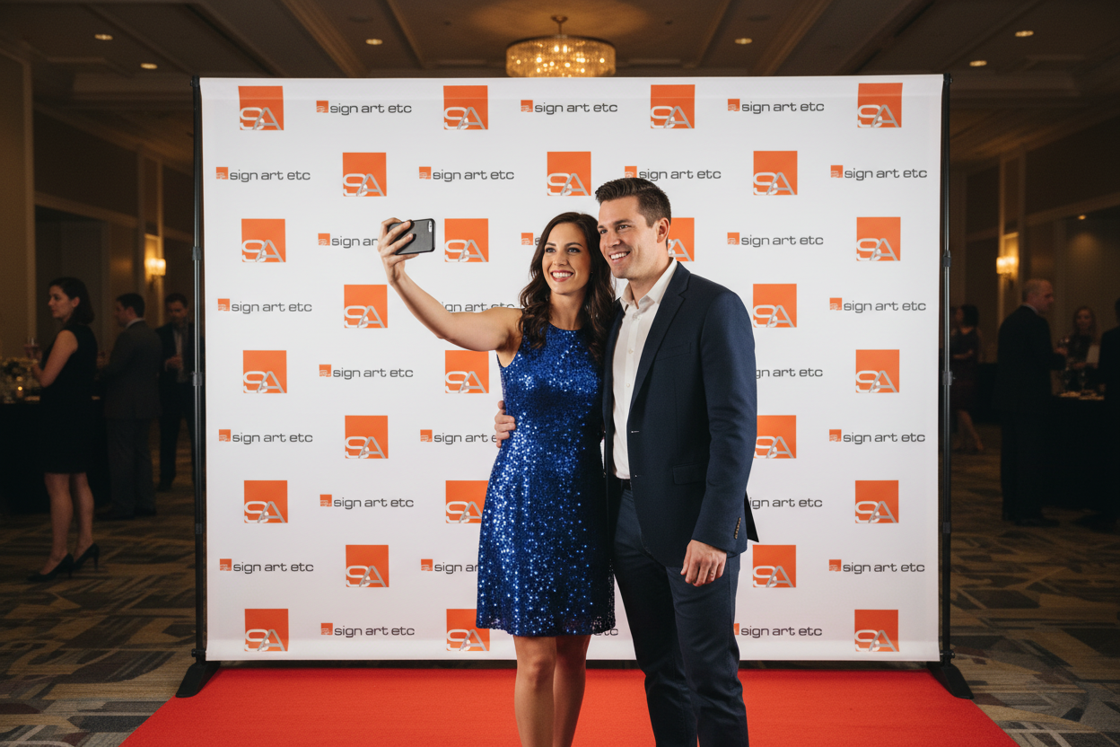 Sign Art Etc vinyl step and repeat backdrop in use — couple taking selfie at event — signartetc.com
