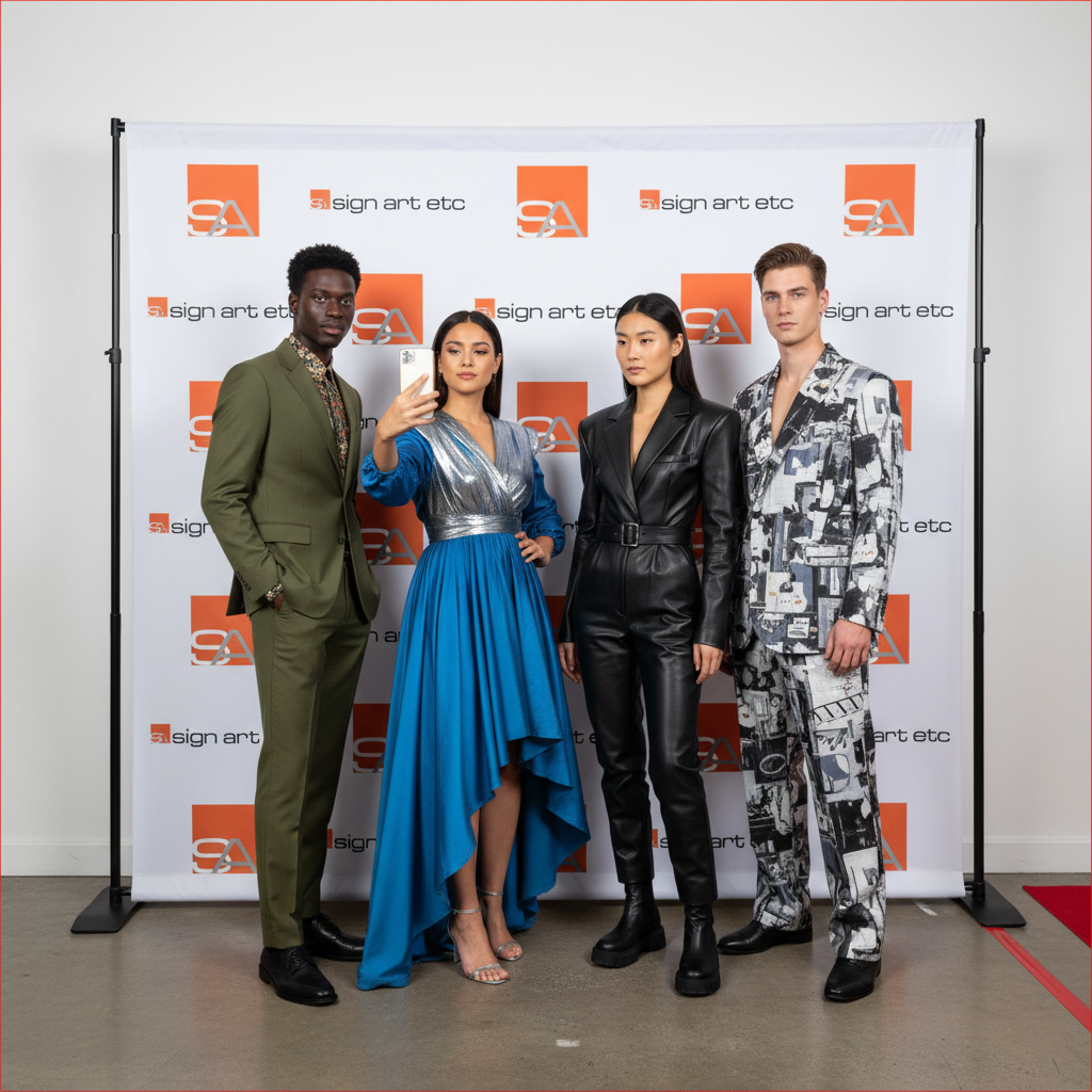 Sign Art Etc vinyl step and repeat backdrop in use at a fashion show — backdrop only — signartetc.com