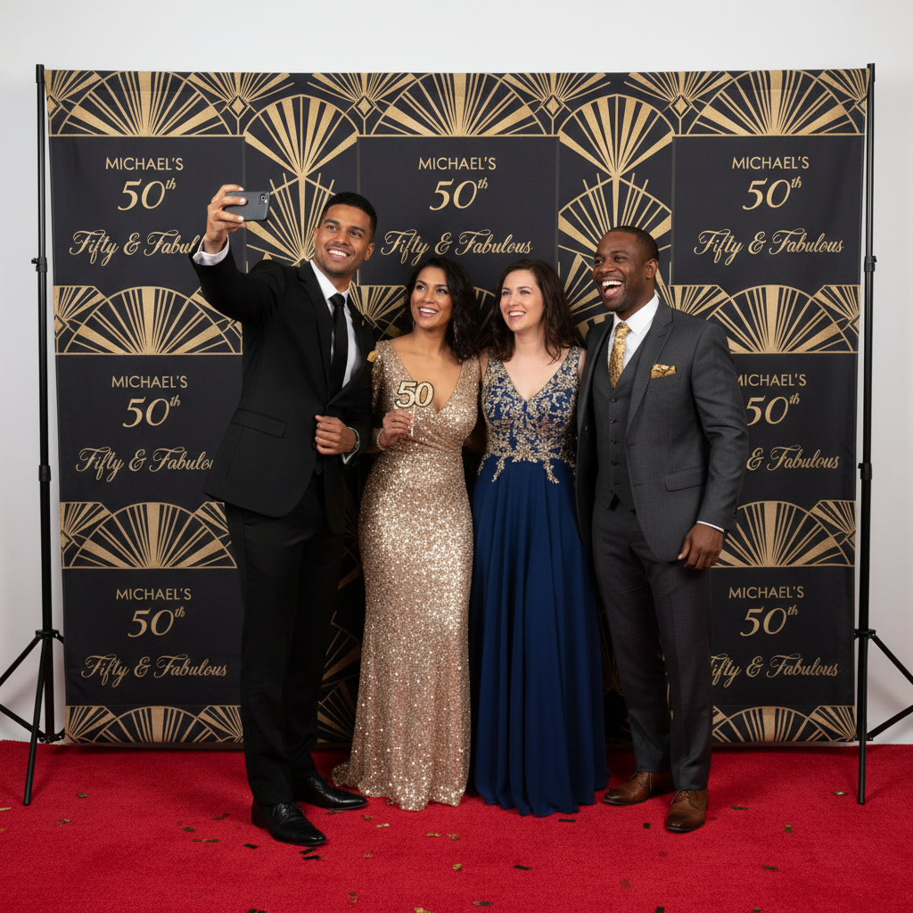 Sign Art Etc fabric step and repeat backdrop in use at a 50th birthday milestone celebration — signartetc.com