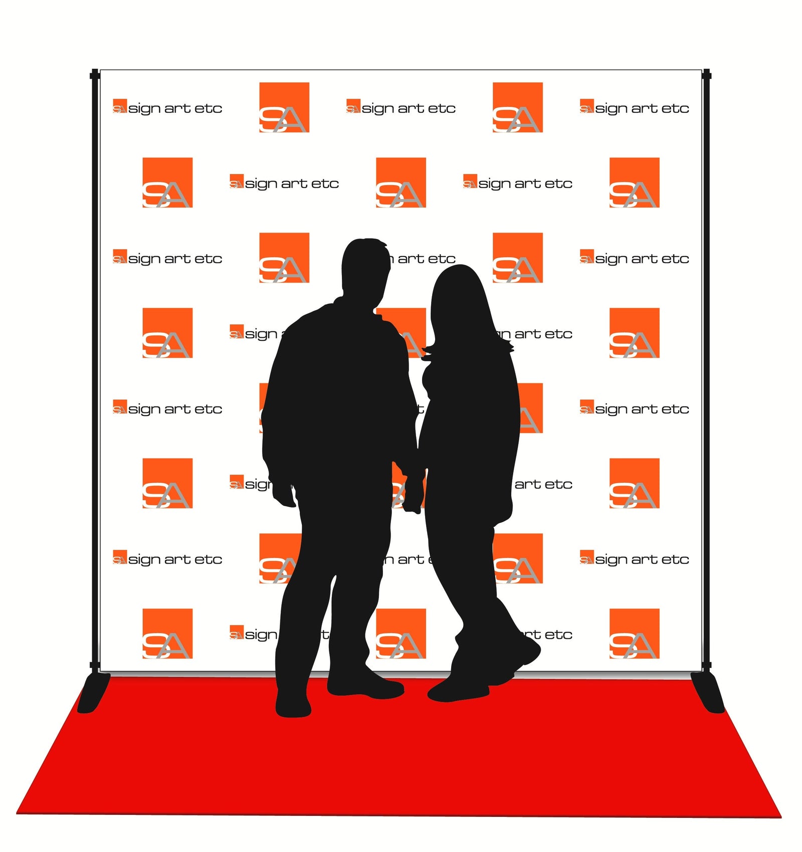 Sign Art Etc 8x8 vinyl step and repeat backdrop with adjustable stand and red carpet — signartetc.com