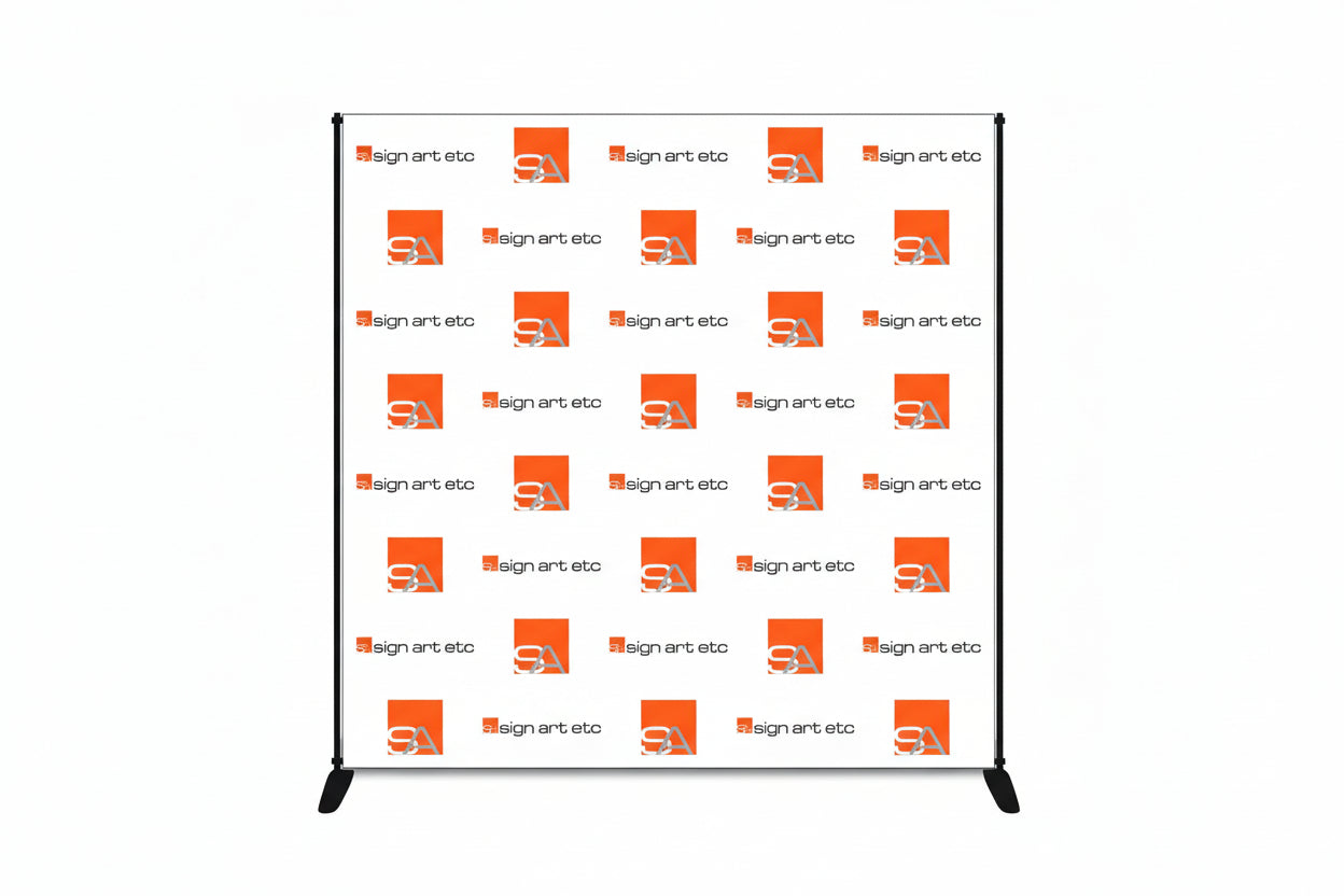 Sign Art Etc 8x8 vinyl step and repeat backdrop with adjustable stand — signartetc.com