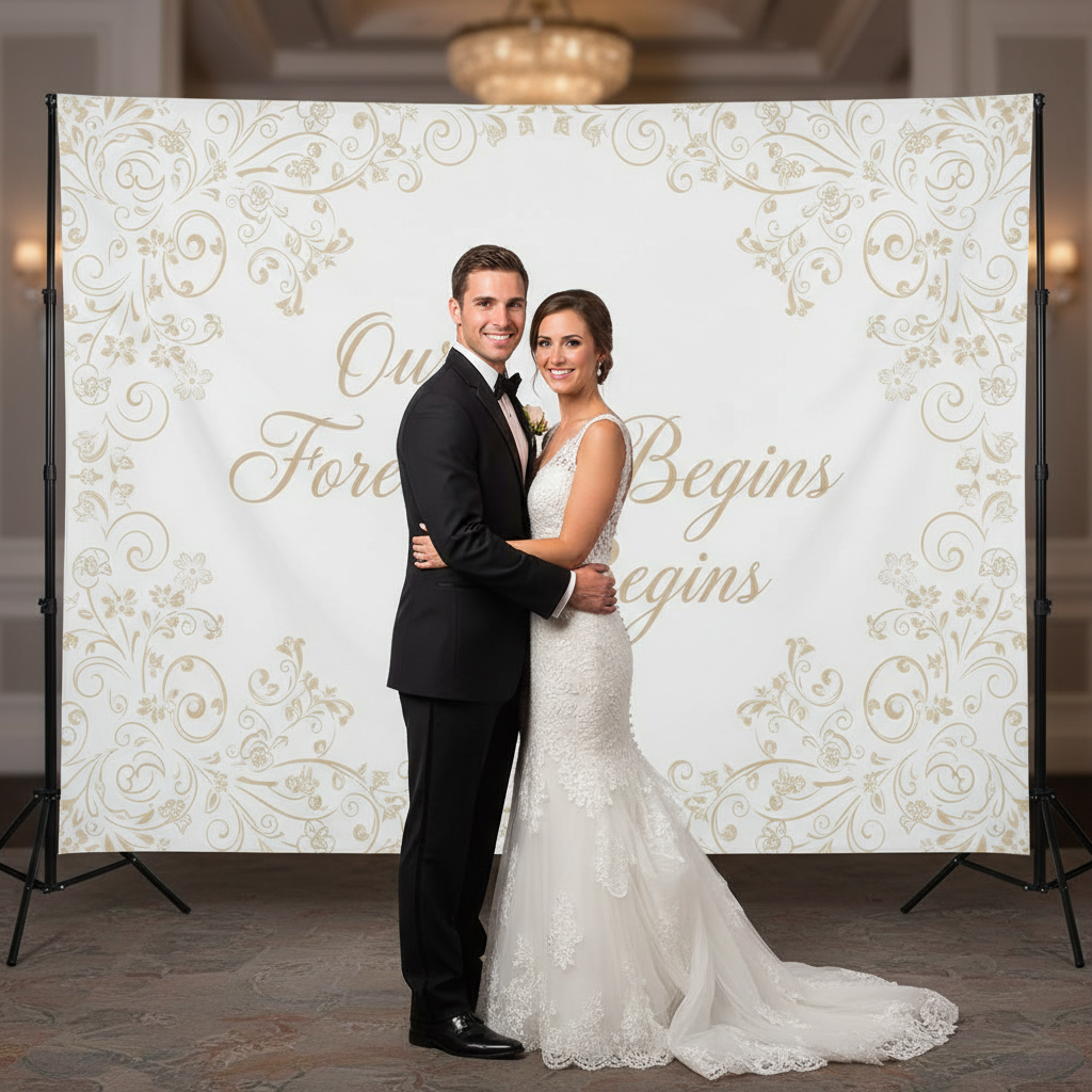 Sign Art Etc fabric step and repeat backdrop in use at a wedding — signartetc.com