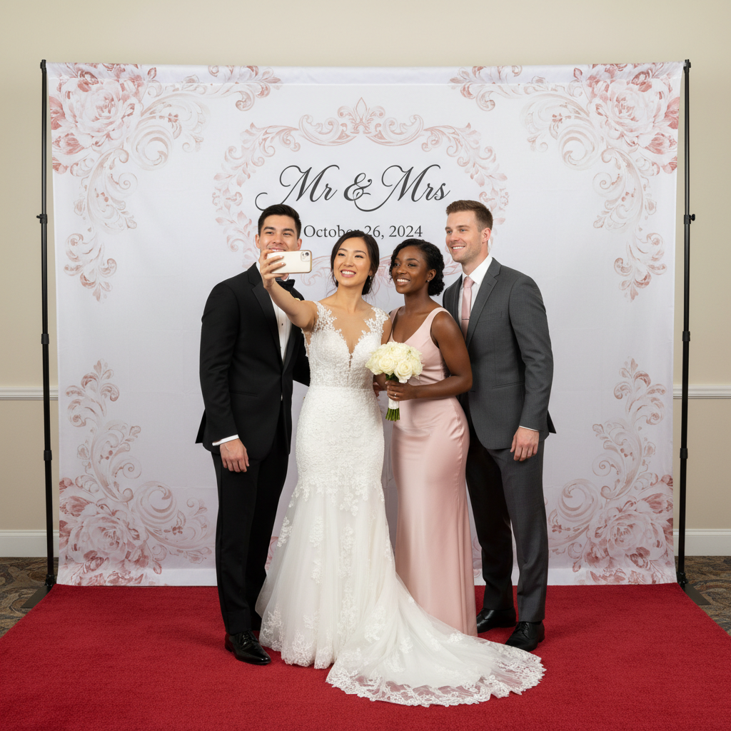 Sign Art Etc vinyl step and repeat backdrop in use at a wedding party event — signartetc.com