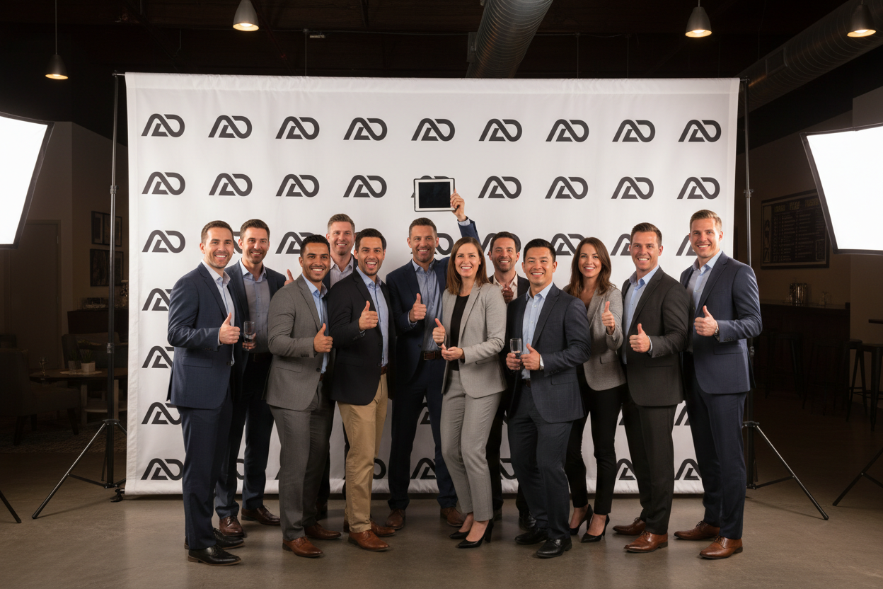 Business professionals posing in front of branded step and repeat backdrop at corporate product launch event