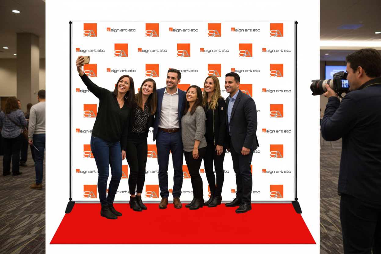 Group of people in front of 8x8 step and repeat backdrop with photographer and selfie being taken