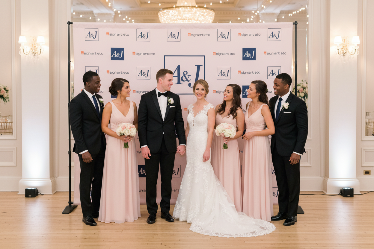 Wedding party posing in front of elegant monogram step and repeat backdrop at indoor reception