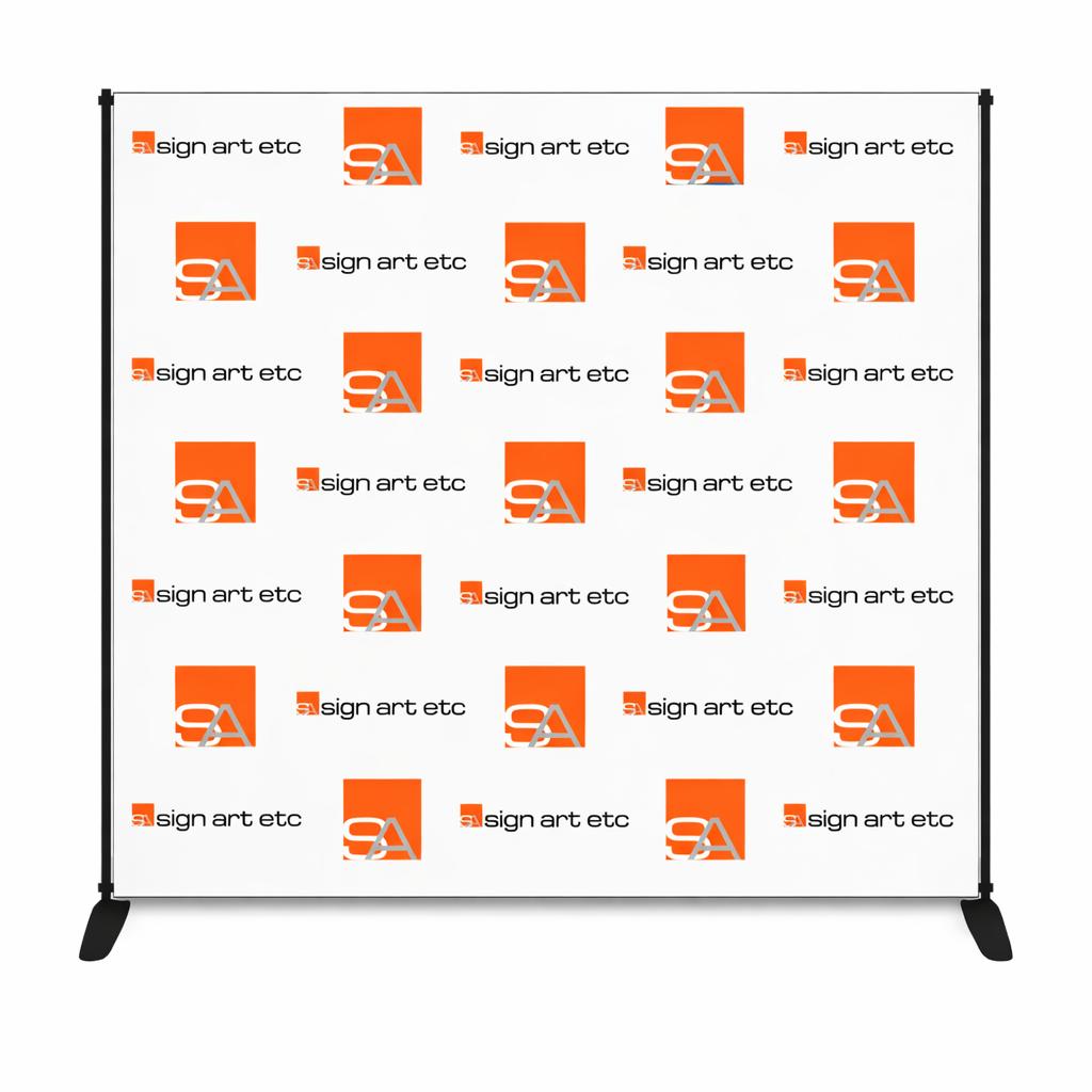 8x8 vinyl step and repeat backdrop display with adjustable stand for events and photo ops.
