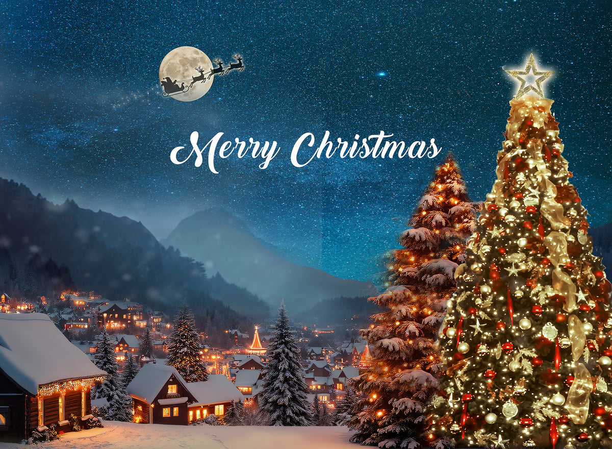 8x10 Santa's Sleigh Silhouette Christmas Night Backdrop - Holiday Step and Repeat Banner