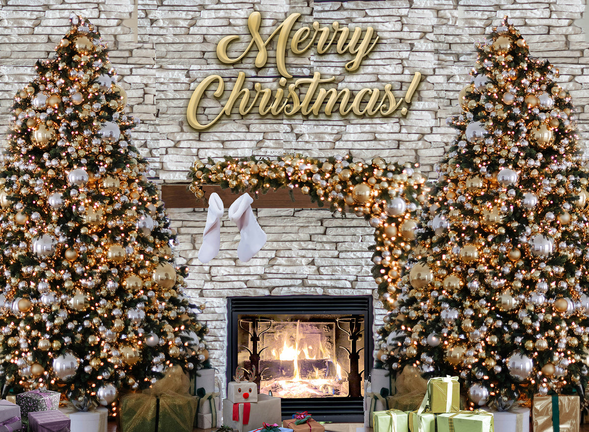 8x10 Elegant Gold &amp; White Christmas Fireplace Backdrop - Holiday Step and Repeat Banner