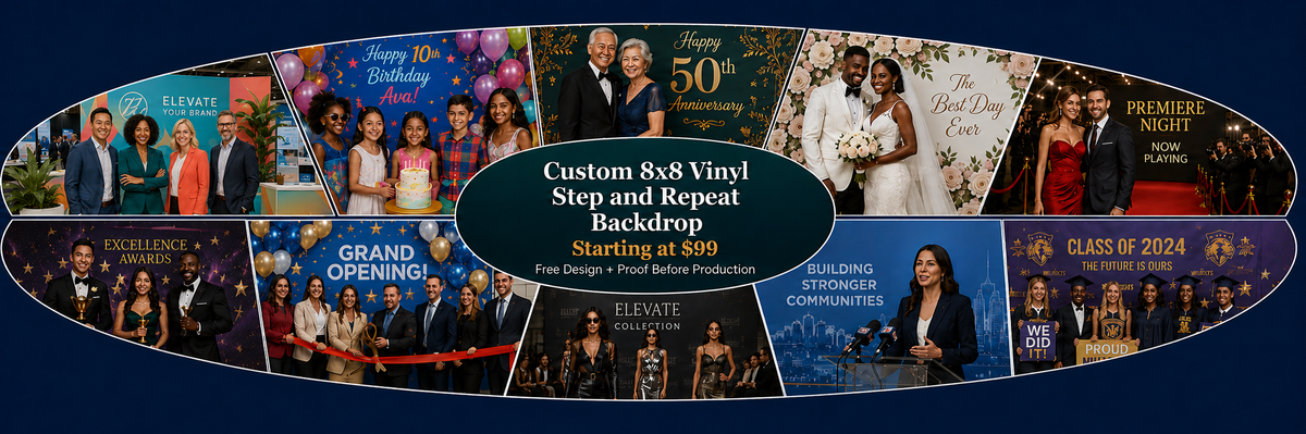 Sign Art Etc custom vinyl step and repeat backdrops for birthdays, grand openings, excellence awards, weddings, and premiere events — starting at $99 with free design and proof. signartetc.com