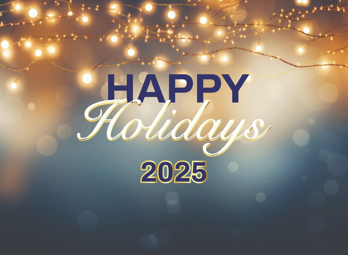 8x10 Happy Holidays Blue &amp; Gold Backdrop - New Year Step and Repeat Banner