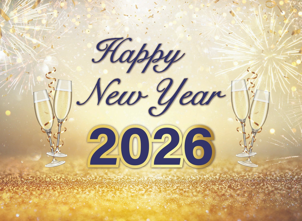 8x10 Happy New Year 2026 Gold Celebration Backdrop - Holiday Step and Repeat Banner