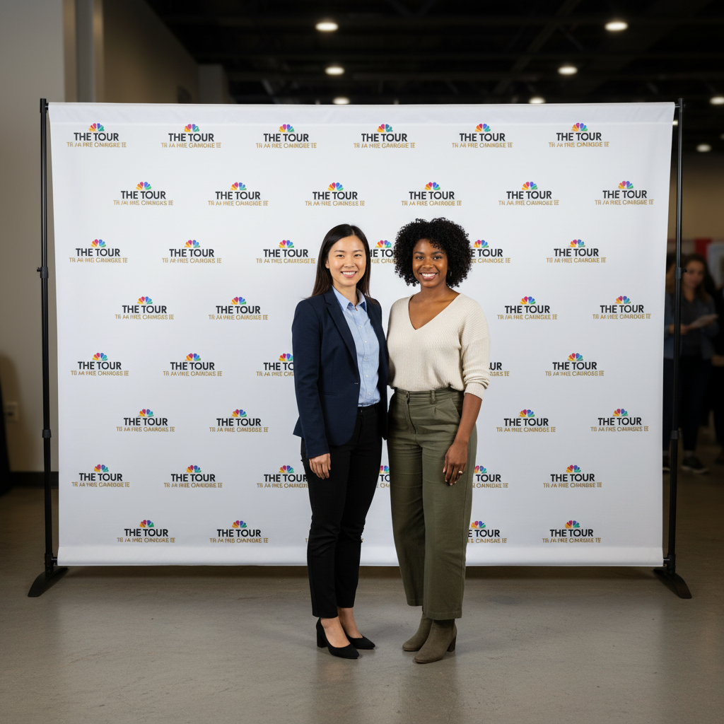 Small business women with THE TOUR backdrop