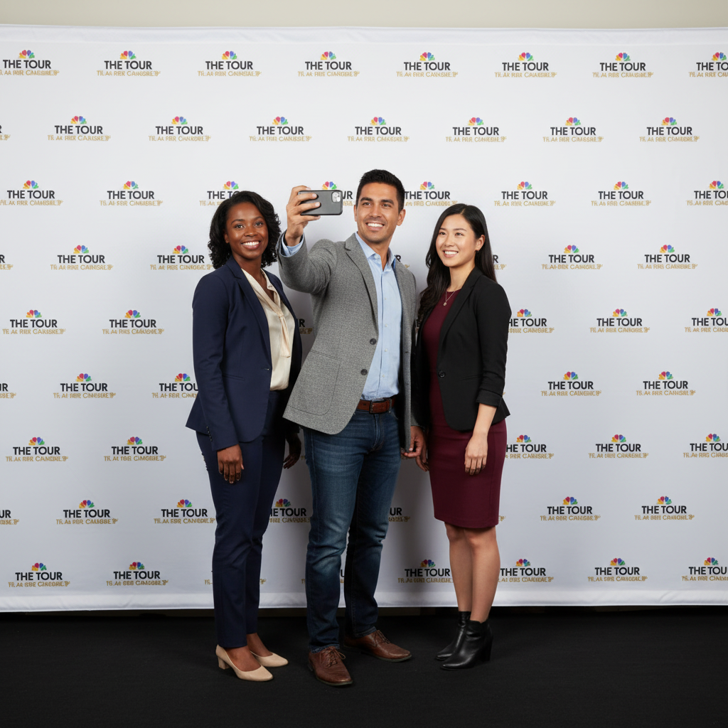 THE TOUR backdrop with man taking selfie